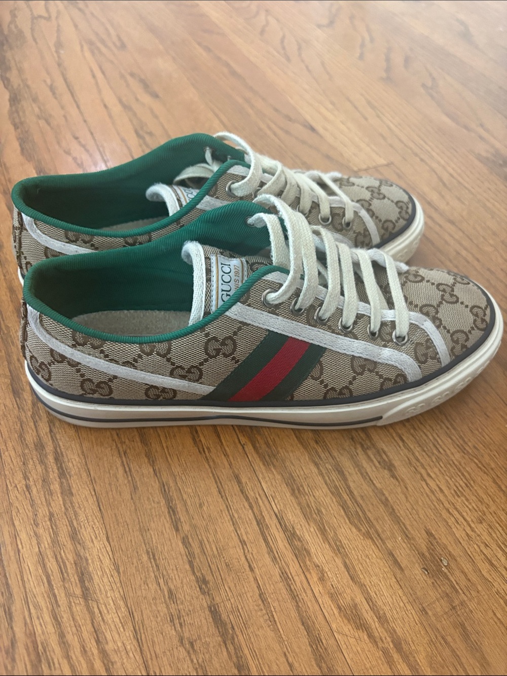 Gucci Women’s GG Canvas Sneakers with Green & Red Web Stripe